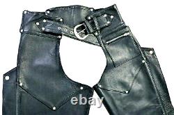 Chaps Harley Davidson pour femmes M en cuir noir, doublés de poches, bar shield vintage vtg