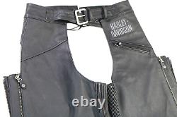 Chaps pour hommes Harley Davidson M en cuir noir doublé de tradition avec poche de bouclier de barre EUC