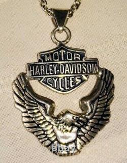 Collier Harley Davidson 925 Sterling Large Bar & Shield Eagle 37gr Pendentif 20