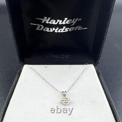 Collier pendentif Harley-Davidson Stamper 18 en or blanc 10 carats avec diamants et bouclier