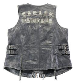 Gilet de moto pour femme Harley Davidson, noir en cuir avec fermeture éclair, poches et écusson rétro bar shield