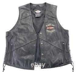Gilet en cuir noir XL pour homme Harley Davidson avec poches à boutons-pression, écusson de barre et bouclier doux.