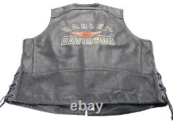 Gilet en cuir noir XL pour homme Harley Davidson avec poches à boutons-pression, écusson de barre et bouclier doux.