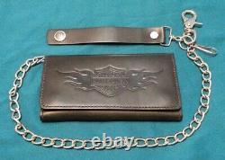 Harley Davidson Black Leather Trifold Wallet Withchain, Bar & Shield Winged Flames