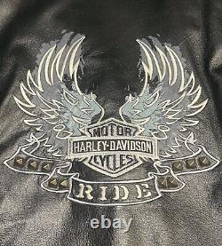 Harley Davidson Femmes Veste en Cuir Noir Cloutée avec Ailes Teal et Écusson Taille SM