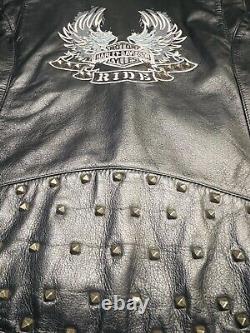 Harley Davidson Femmes Veste en Cuir Noir Cloutée avec Ailes Teal et Écusson Taille SM