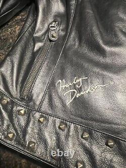 Harley Davidson Femmes Veste en Cuir Noir Cloutée avec Ailes Teal et Écusson Taille SM