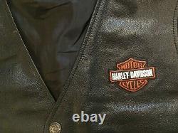 Harley Davidson Leather Vest Mens 3xl Black Orange Stock Bar Shield Snap