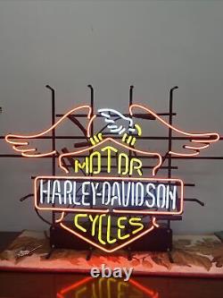 Harley Davidson Neon Signe La Barre Et Le Bouclier Avec L'aigle Criant Logo Fonctionne Grand