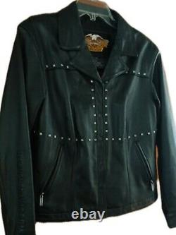 Harley Davidson Veste D'équitation En Cuir Noir Lourd Coat Bar Shield Femmes Sz Med