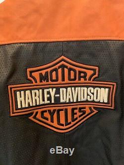 Harley Noir Et Orange Perforé Veste En Cuir Bar & Shield XL Très Bon Cond