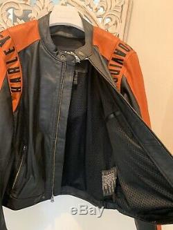 Harley Noir Et Orange Perforé Veste En Cuir Bar & Shield XL Très Bon Cond