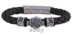 Harley-davidson Bar & Shield Hommes En Cuir Tressé Bracelet Noir Hsb0217