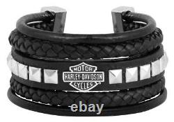 Harley-davidson Femmes Bracelet En Acier En Cuir Barre Et Boucle De Bouclier, Blk Hsb0189 (8)