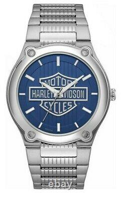 Harley-davidson Montre En Acier Inoxydable De La Barre Et Du Bouclier À Motif Bleu Pour Hommes 76a159