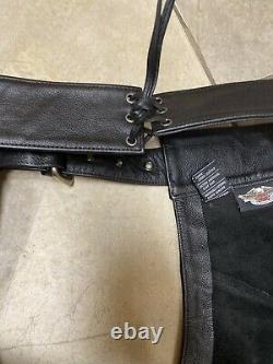 Hommes Harley Davidson Cuir Chaps Noir Stock Bar Shield Snap Pants D'équitation Sz M
