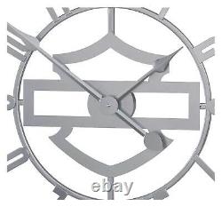 Horloge murale en métal Harley-Davidson Silhouette Bar & Shield, à visage ouvert, argentée.