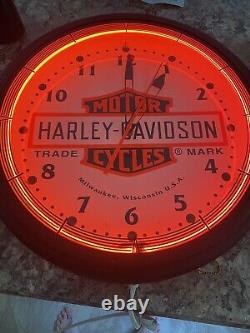 Horloge murale néon Harley-Davidson rare vintage de grand format 20 pouces avec logo du concessionnaire