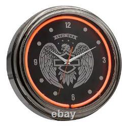 Horloge néon Harley-Davidson Open Bar & Shield Eagle 15 pouces avec néon rouge