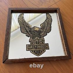 Miroir mural Harley Davidson Bar Shield Aigle en bois sculpté encadré 13x13 Vintage