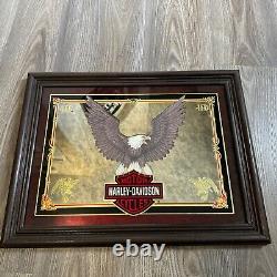 Miroir mural Harley Davidson avec aigle bouclier de bar en bois sculpté encadré 19x15 Vintage