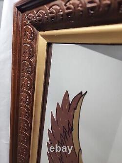 Miroir mural Harley Davidson avec aigle bouclier gravé en bois encadré 27x21Vtg Grand