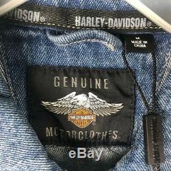 Nouveau! Harley-davidson Denim Trucker Jacket Mens Moyenne Bleu Jean Barre De Blindage M