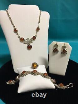 Rare Harley Davidson Boucles D'oreilles Sterling Real Amber Bar & Shield Collier Set Plus