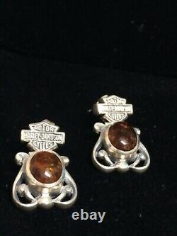 Rare Harley Davidson Boucles D'oreilles Sterling Real Amber Bar & Shield Collier Set Plus