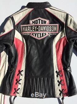 Rare Harley Davidson Ridgeway En Cuir Rose Veste Shield Bar Petit Femmes