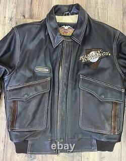 VTG Rare Harley Davidson Veste Bomber en Cuir Marron pour Homme, Ailes Bar & Shield Taille L