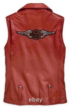 Veste Harley-Davidson en cuir rouge asymétrique pour femme avec fermeture éclair et logo Bar & Shield, taille S.