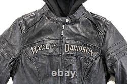 Veste Harley Davidson pour femmes S en cuir noir avec doublure à capuche, protections et bouclier doux.