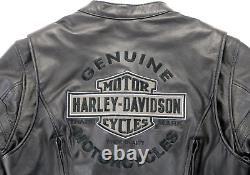 Veste Harley Davidson pour femmes en cuir noir avec armure, capuche doublée et protection souple à barres.