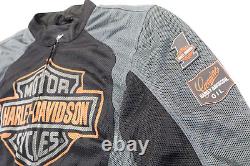 Veste Harley Davidson pour homme L en maille noire, stock pré-luxe, barre grise et orange avec bouclier.