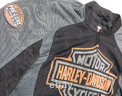 Veste Harley Davidson pour homme L en maille noire, stock pré-luxe, barre grise et orange avec bouclier.