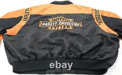 Veste Harley Davidson pour hommes 2XL en nylon noir et orange, style bombardier, fermeture éclair, avec le logo Bar Shield Racing.