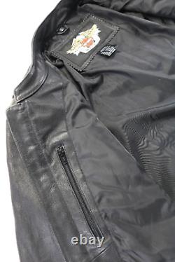 Veste Harley Davidson pour hommes, taille L, en cuir noir et orange, avec fermeture éclair et logo Bar Shield. Disponible en stock, en excellent état.