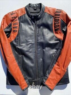 Veste en cuir Harley Davidson pour homme, noir orange, perforée, avec écusson en barre