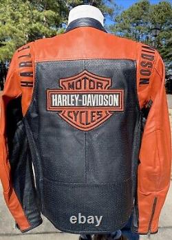 Veste en cuir Harley Davidson pour homme, noir orange, perforée, avec écusson en barre