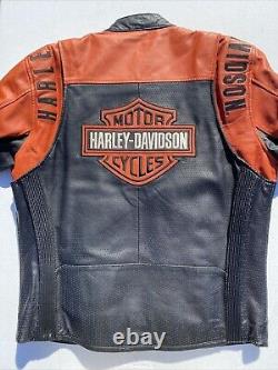 Veste en cuir Harley Davidson pour homme, noir orange, perforée, avec écusson en barre