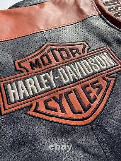 Veste en cuir Harley Davidson pour homme, noir orange, perforée, avec écusson en barre