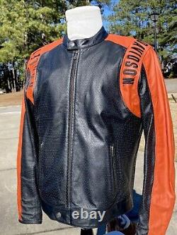 Veste en cuir Harley Davidson pour homme, noir orange, perforée, avec écusson en barre