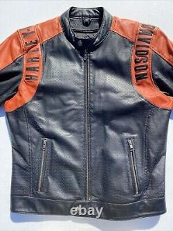 Veste en cuir Harley Davidson pour homme, noir orange, perforée, avec écusson en barre