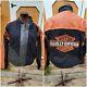 Veste En Cuir Et Laine Noire Et Orange Harley Davidson Bar & Shield Vtg Taille L