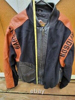 Veste en cuir et laine noire et orange Harley Davidson Bar & Shield VTG taille L