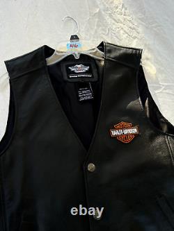 Veste en cuir noir Harley Davidson avec logo de bouclier de barre, boutons pression, taille L pour hommes vintage