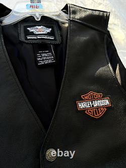 Veste en cuir noir Harley Davidson avec logo de bouclier de barre, boutons pression, taille L pour hommes vintage