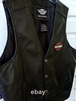 Veste en cuir noir Harley Davidson avec logo de bouclier de barre, boutons pression, taille L pour hommes vintage