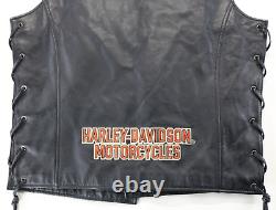 Veste en cuir noir Harley Davidson pour hommes avec bouclier de barre de chemin et bouton pression orange uni.
